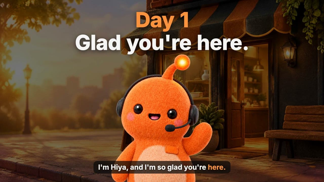 Lesson poster, Day 1: Glad you are here, with Hiya waving in front of a shop at sunset