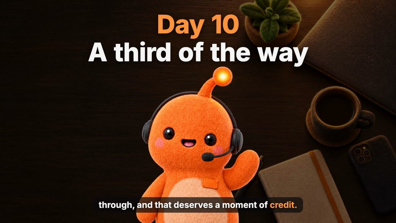 Lesson poster, Day 10: A third of the way, with Hiya at a desk with coffee and a notebook