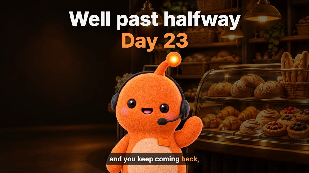 Lesson poster, Well past halfway, Day 23, with Hiya in a bakery