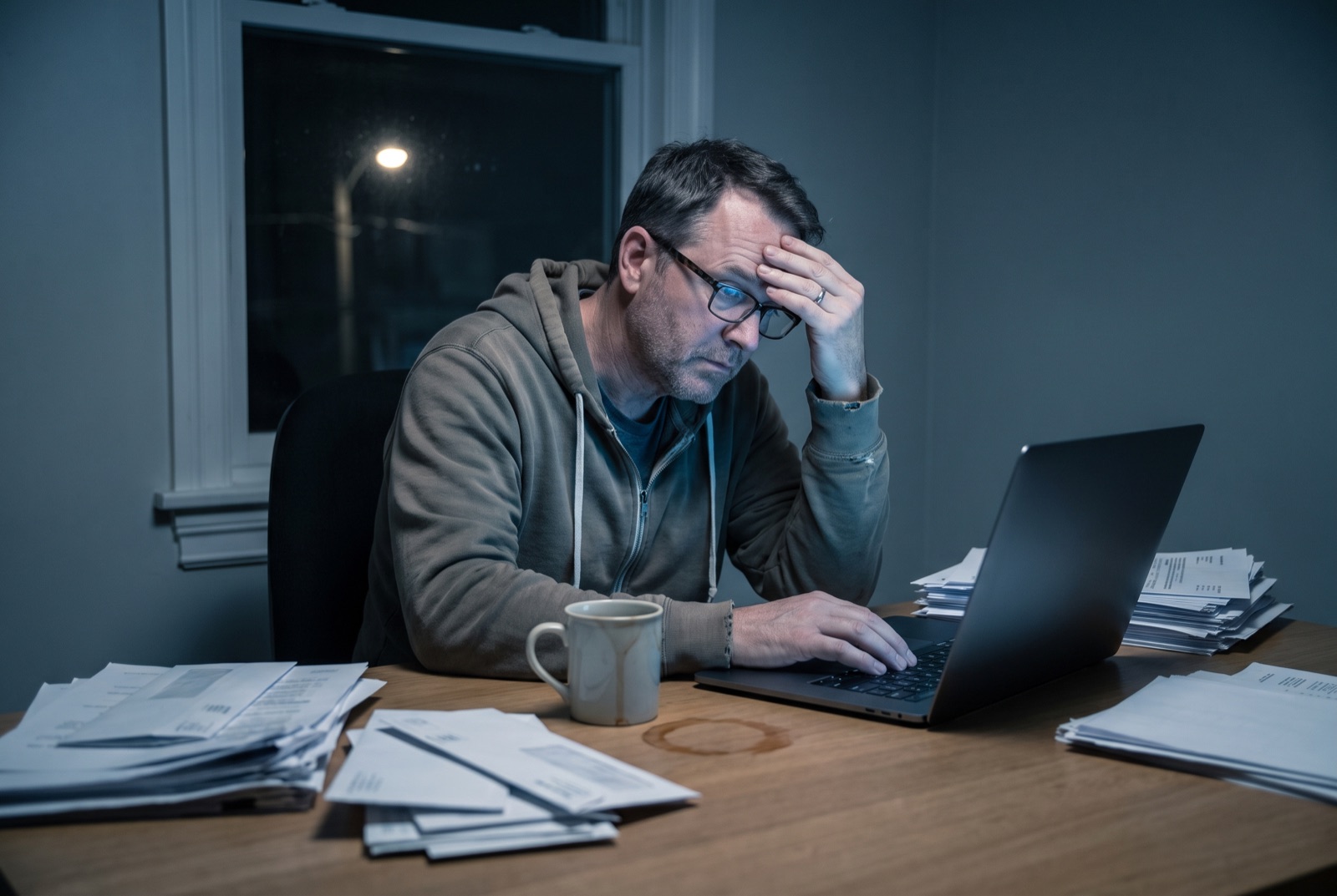 A business owner working late at a desk covered in paperwork